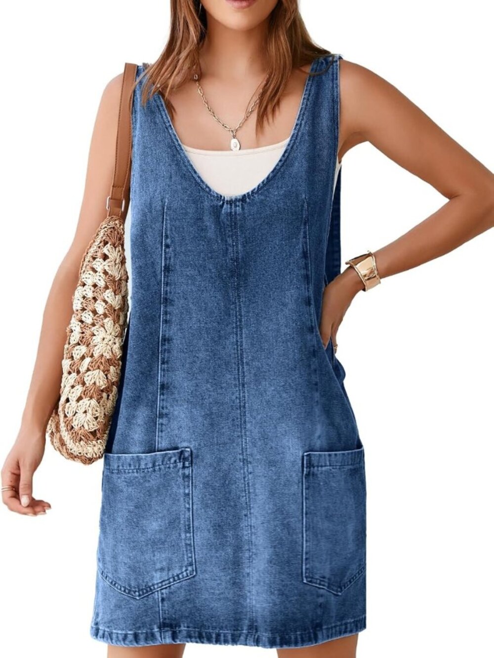 Stylish Denim V-Neck Sleeveless Mini Pinafore Dress with Pocket - Casual Jumper